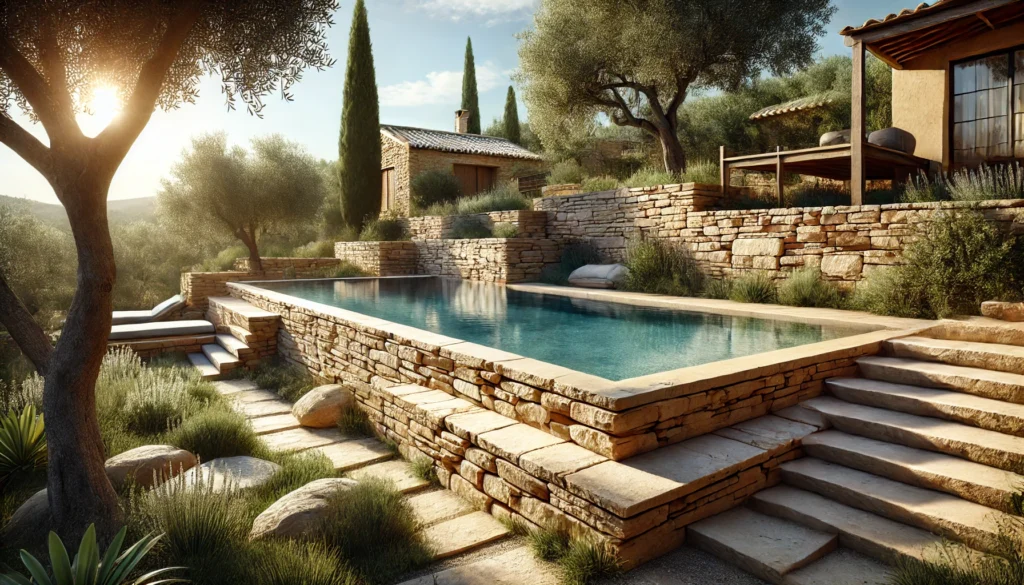 Pisciniste en Ardèche, Construction d'une piscine avec habillage en pierre naturelle